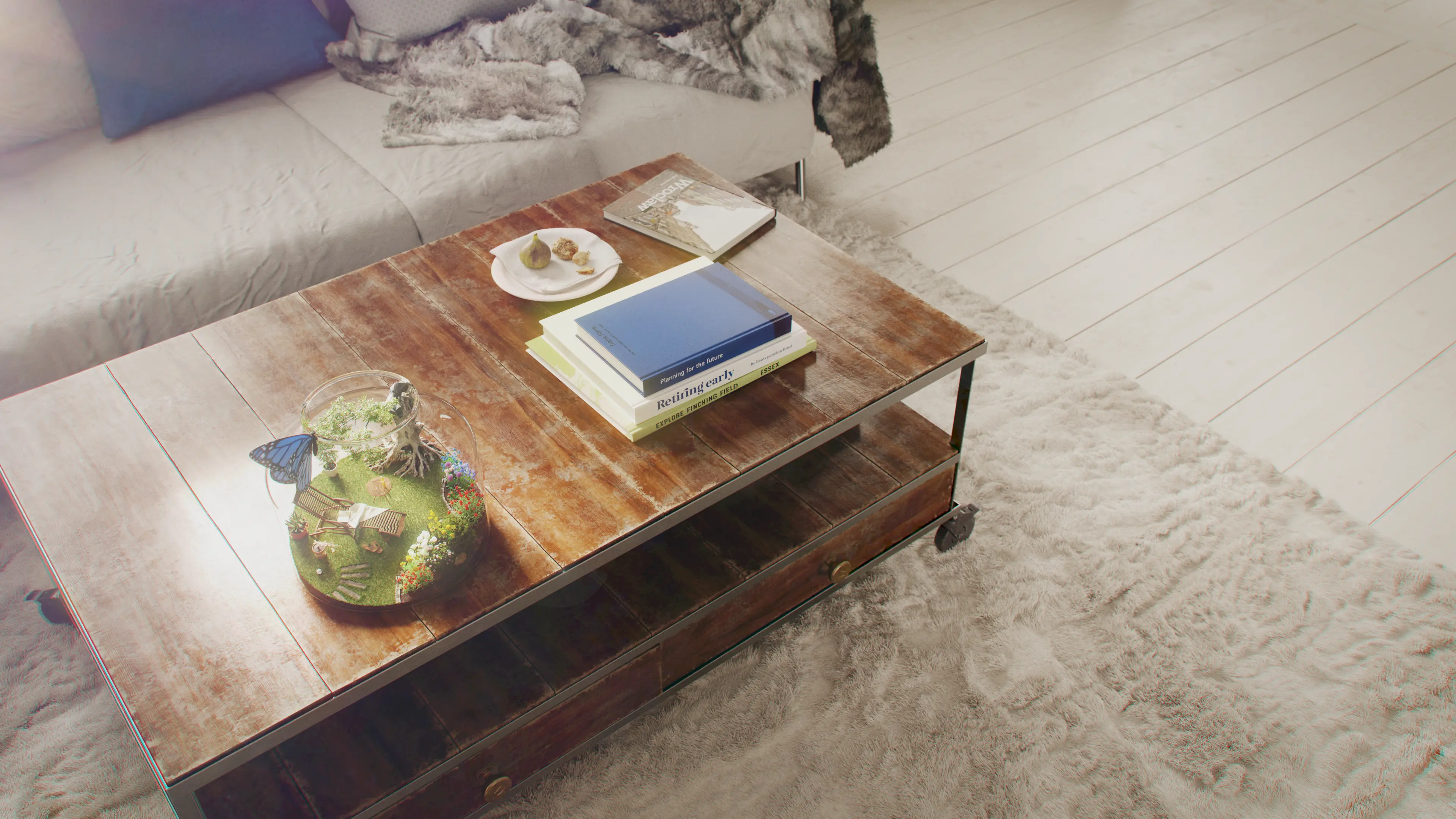 A top down  view of a table with  books about pensions on it.