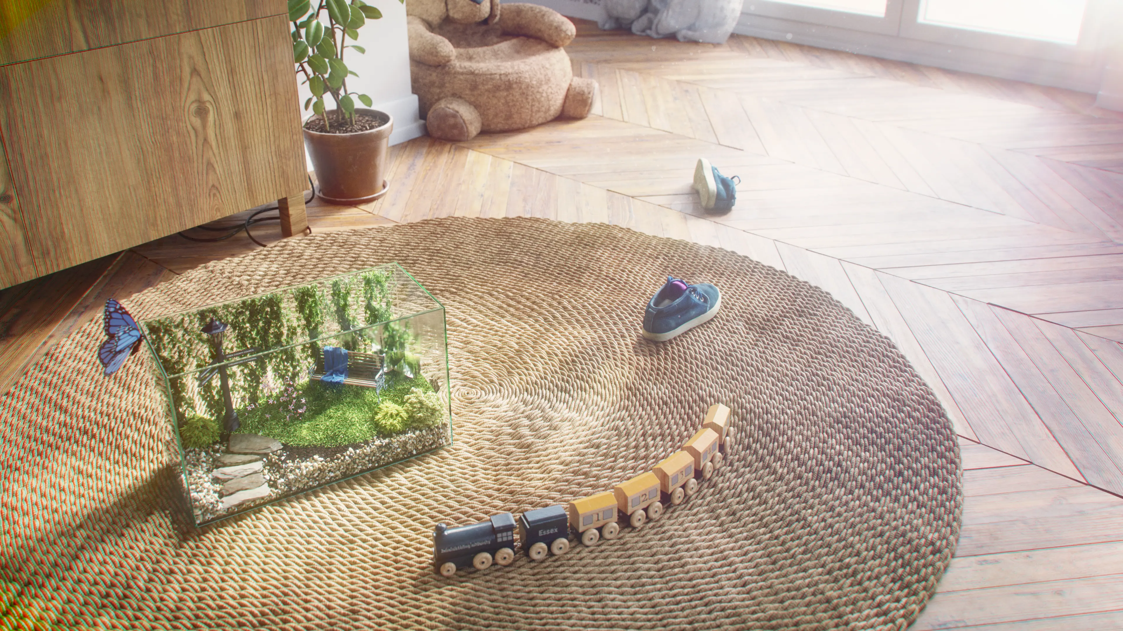Left side view of a terarrium on a rug in a living room.