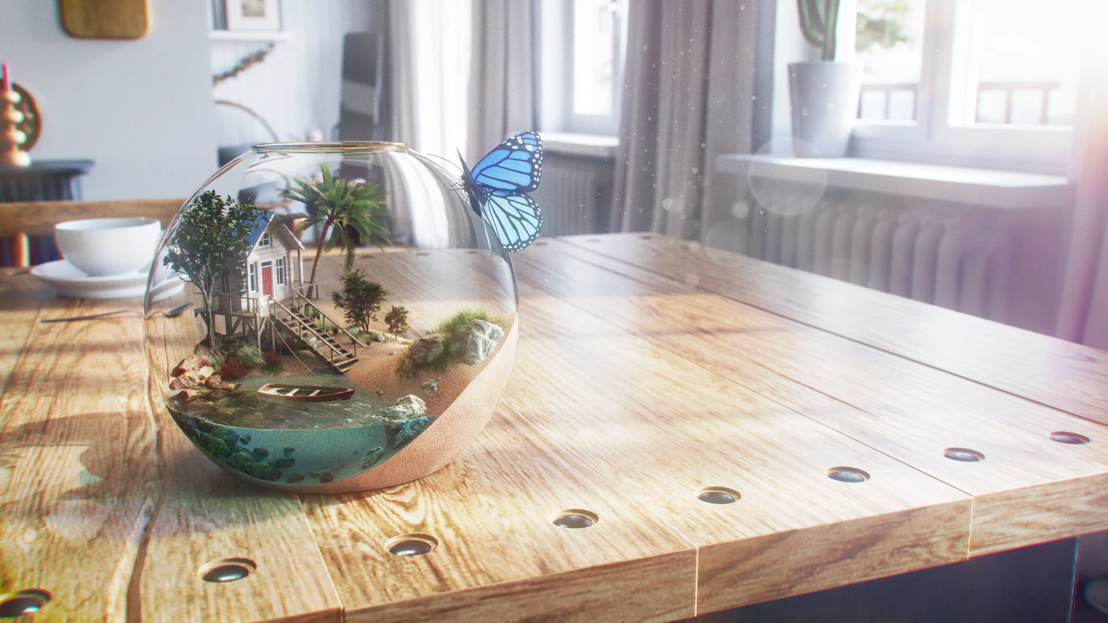 Terrarium on a kitchen table with a butterfly on top.