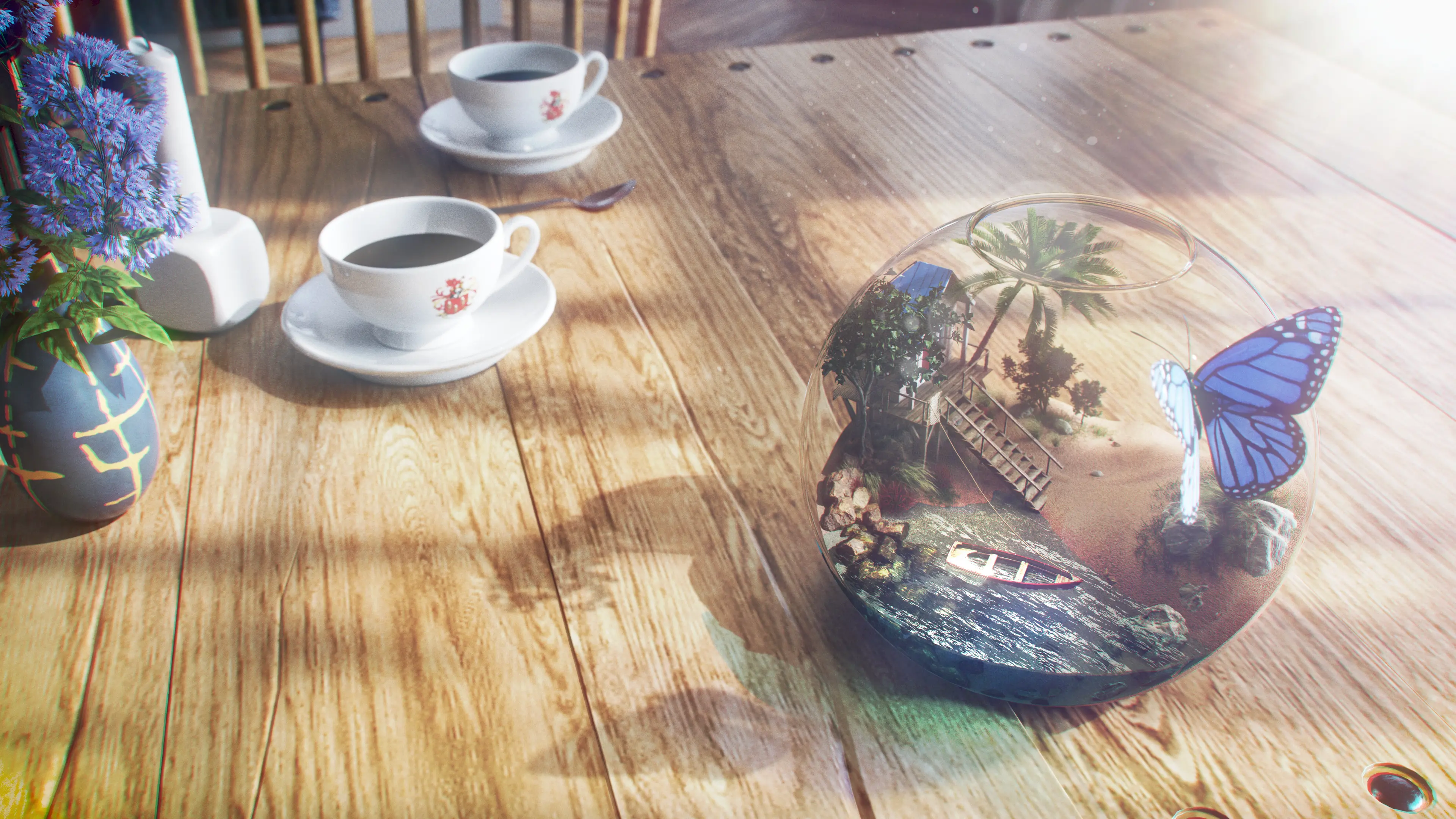 Terarrium and coffee cups on a dining table.